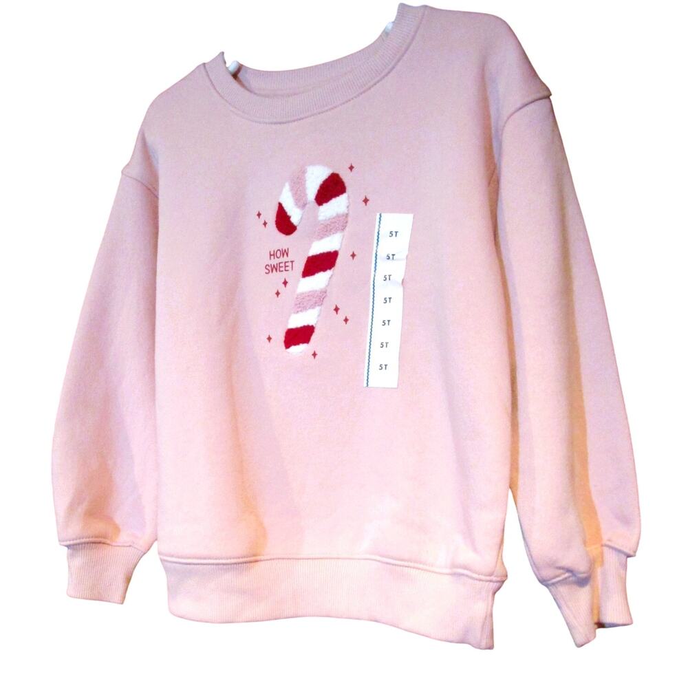 Cat & Jack Girl's Pink Holiday Sweatshirt Chenille Candy Cane Applique Size 5T